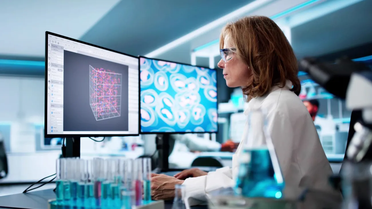 scientist analyzing 3D molecular data on computer screens in a lab