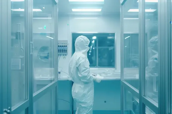 person in a hazmat suit in lab